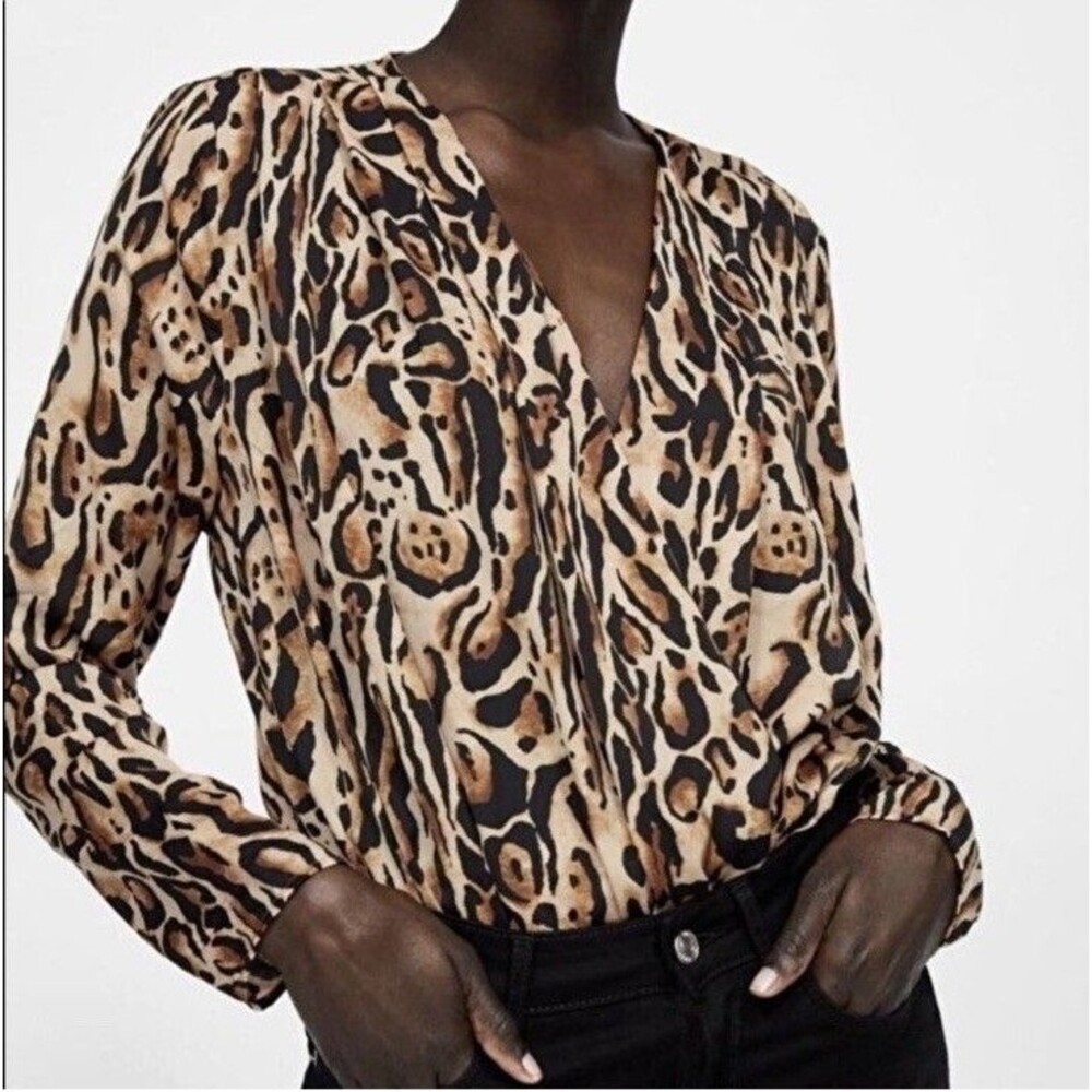 Zara Long Sleeve Bodysuit Animal Print Brown Tiger Satin Deep V Neck Sz M